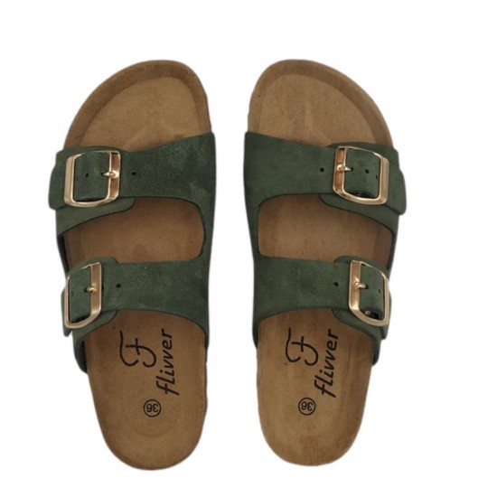 Flivver Γυναικεία Δερμάτινα Ανατομικά Σανδάλια  Χακί