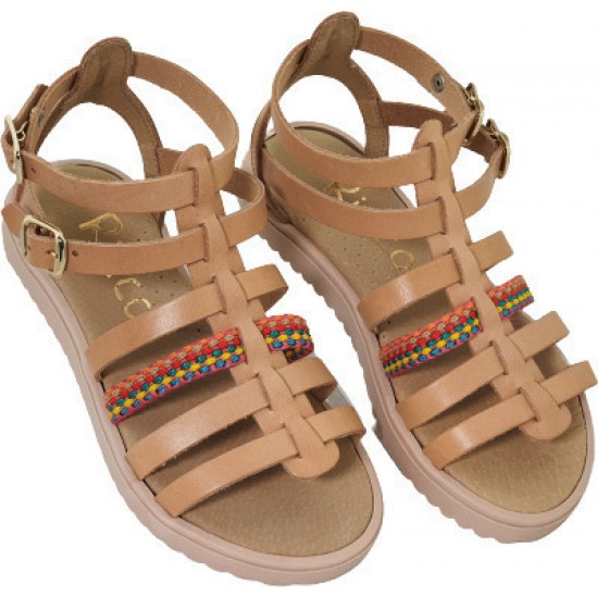 Ricco Μονομάχος - Boho - Δερμάτινo Ανατομικό Πέδιλο - T-3010-N1 -Φυσικό Κόκκινο